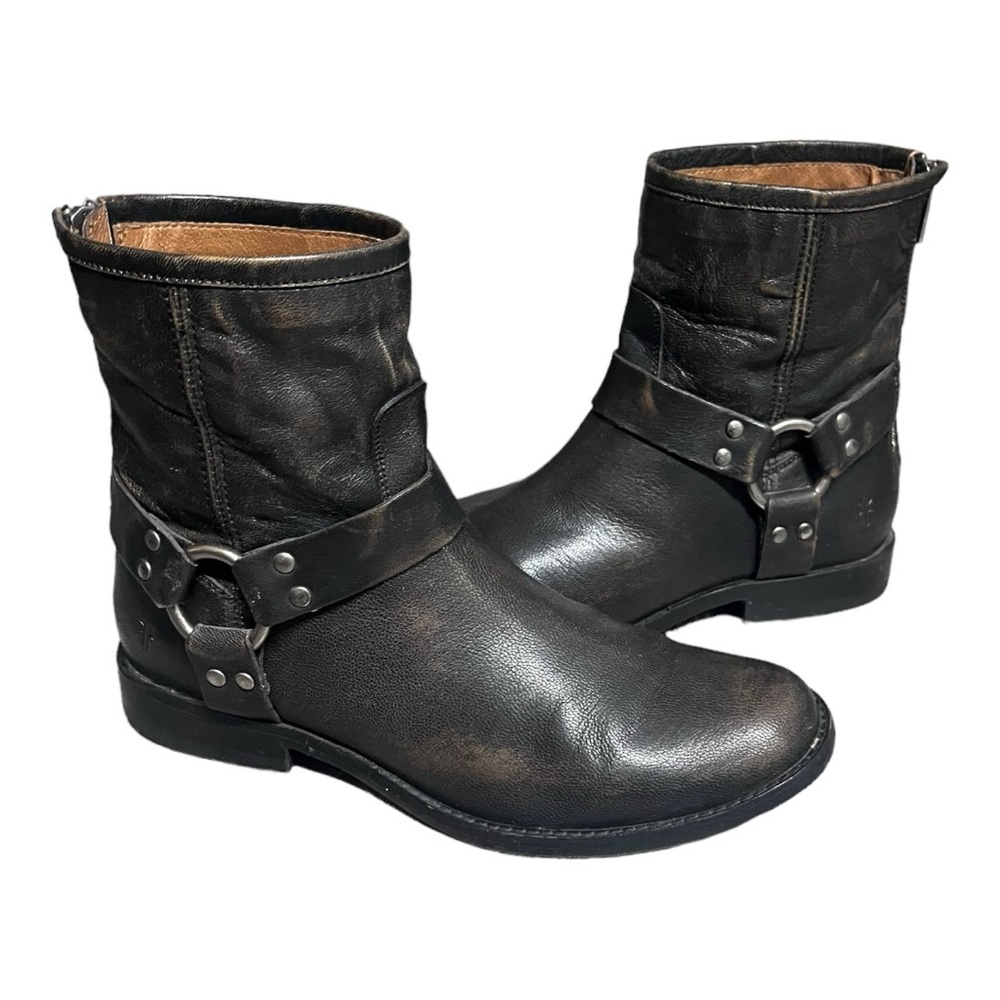 Women’s FRYE "Phillip" Harness Short in smoke brown leather moto boots size 8b